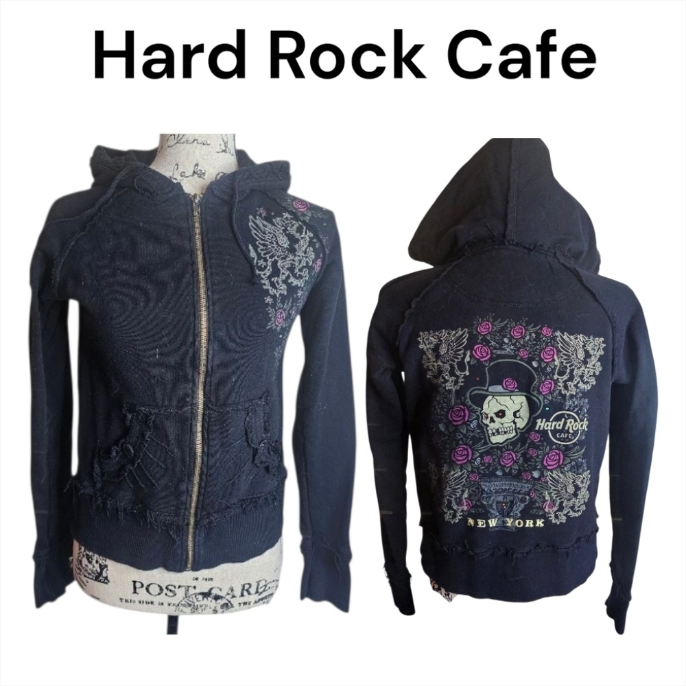 Hard Rock Cafe New York skeleton zip-up hoodie black purple distressed jacket - Picture 11 of 11